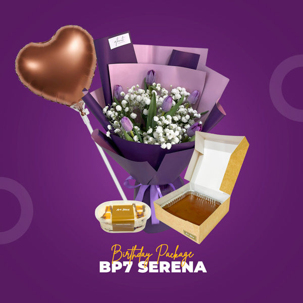 BP7 Serena Birthday Package with tulip flower bouquet, birthday balloon, Mango Choco Tango, and Chocolate Decadent Cake
