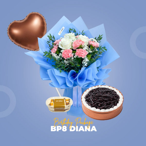 BP8 Diana Birthday Package with Quartz Love Flower Bouquet, birthday balloon, Mango Choco Tango, and Blueberry Cheese Cake