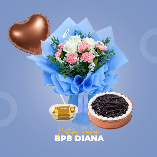 BP8 Diana Birthday Package with Quartz Love Flower Bouquet, birthday balloon, Mango Choco Tango, and Blueberry Cheese Cake