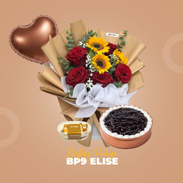 BP9 Elise Birthday Package with Blush Love Flower Bouquet, birthday balloon, Mango Choco Tango, and Blueberry Cheese Cake