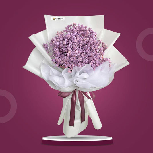 Captivating Snow bouquet with purple painted Gypsophila Baby’s Breath in white Korean wrap and old rose ribbon