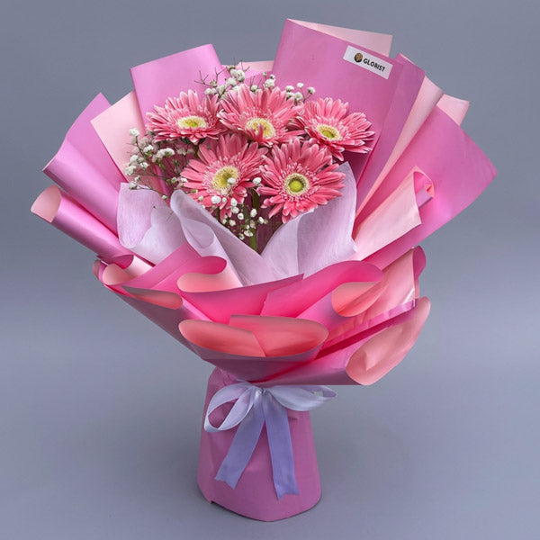 Charming Adoration Flower Bouquet with light pink gerbera daisies and gypsophila baby's breath, same-day flower delivery in Metro Manila