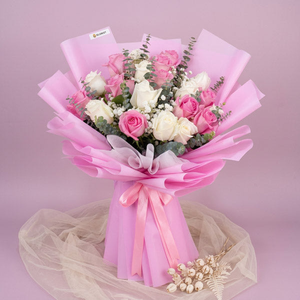 Pink and white China rose bouquet with gypsophila and eucalyptus