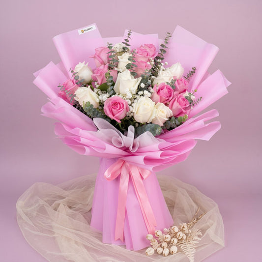Pink and white China rose bouquet with gypsophila and eucalyptus