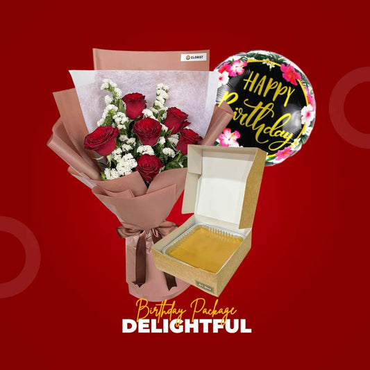 Delightful Package with Tender Flora white rose bouquet, caramel cake, and birthday balloon