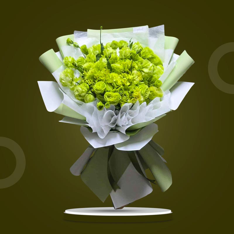Emerald Love bouquet with green lisianthus and dried green hydrangea, wrapped in matcha two-toned Korean wrap and white non-woven paper with dark olive ribbon — same-day delivery Manila