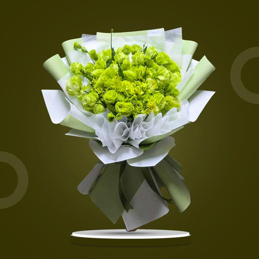 Emerald Love bouquet with green lisianthus and dried green hydrangea, wrapped in matcha two-toned Korean wrap and white non-woven paper with dark olive ribbon — same-day delivery Manila