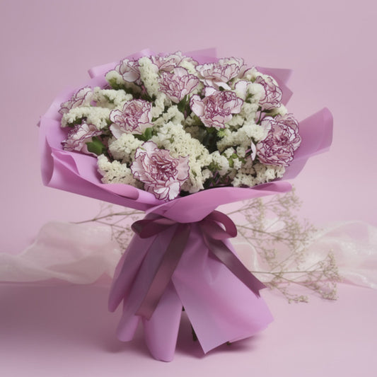 Two-toned purple carnation bouquet with white statice fillers