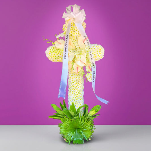 Endless Memory Funeral Stand with Anthuriums, Orchids, Malaysian mums, and lush greenery for memorial and funeral services