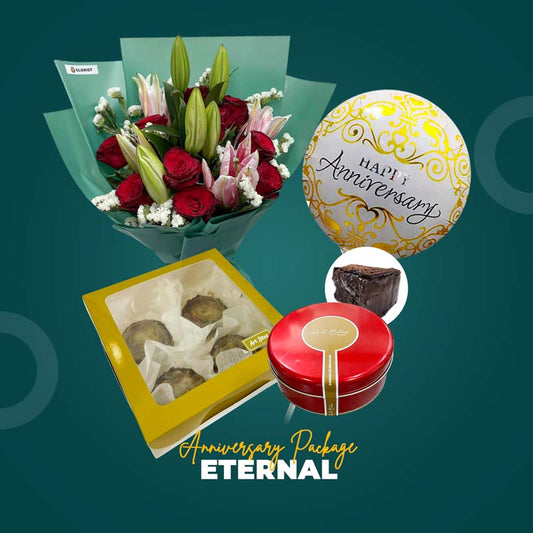 Eternal Anniversary Package with Confident Love flower bouquet, chocolate cake, cinnamon cake, and anniversary balloon