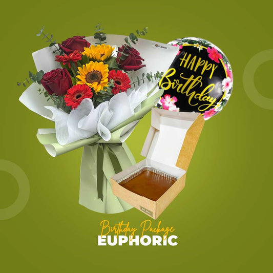 Euphoric Birthday Package with assorted flower bouquet, chocolate cake, and birthday balloon