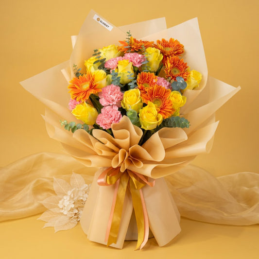 Yellow China rose bouquet with orange gerbera and pink carnations
