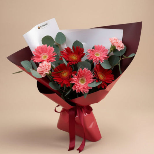 Felicity Love bouquet with 3 light pink gerberas, 3 red gerberas, 2 light pink carnations and eucalyptus silver dollar — same-day delivery Manila