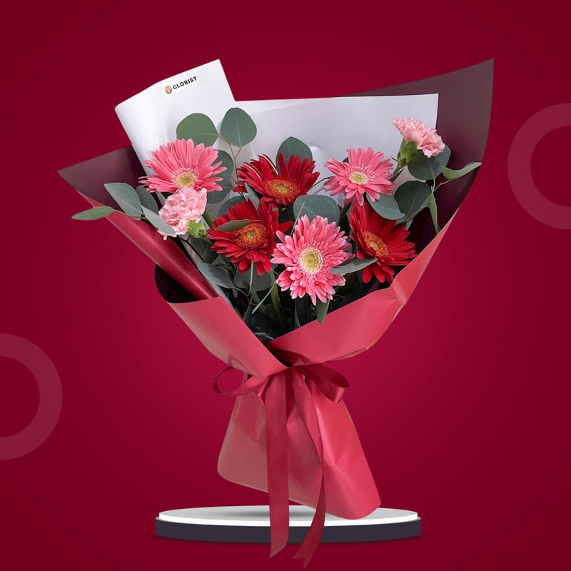 Felicity Love bouquet with 3 light pink gerberas, 3 red gerberas, 2 light pink carnations and eucalyptus silver dollar — same-day delivery Manila