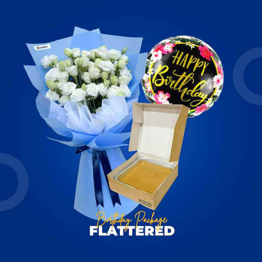 Flattered Birthday Package with Lisianthus and paper rose bouquet, caramel cake, and birthday balloon