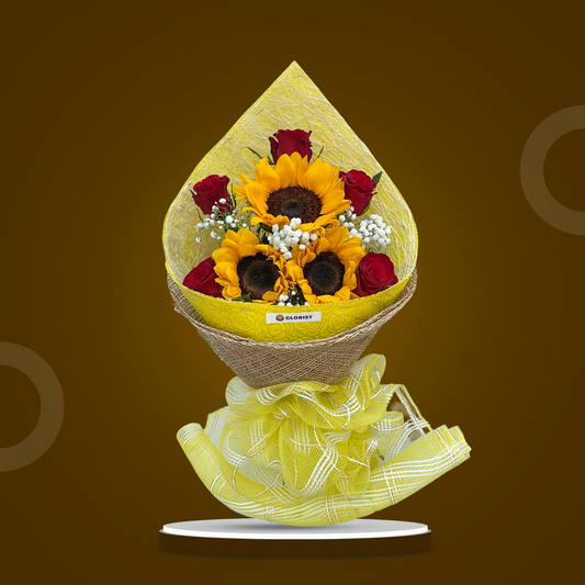 Flavor Love Flower Bouquet with sunflowers, red roses, and baby’s breath wrapped in burlap and yellow ribbon