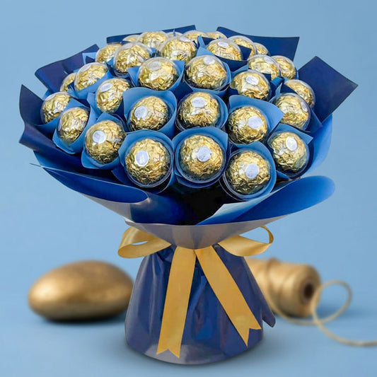 Gallant Sweets chocolate bouquet with 36 Ferrero Rocher chocolates in a two-tone blue Korean wrap and light gold ribbon