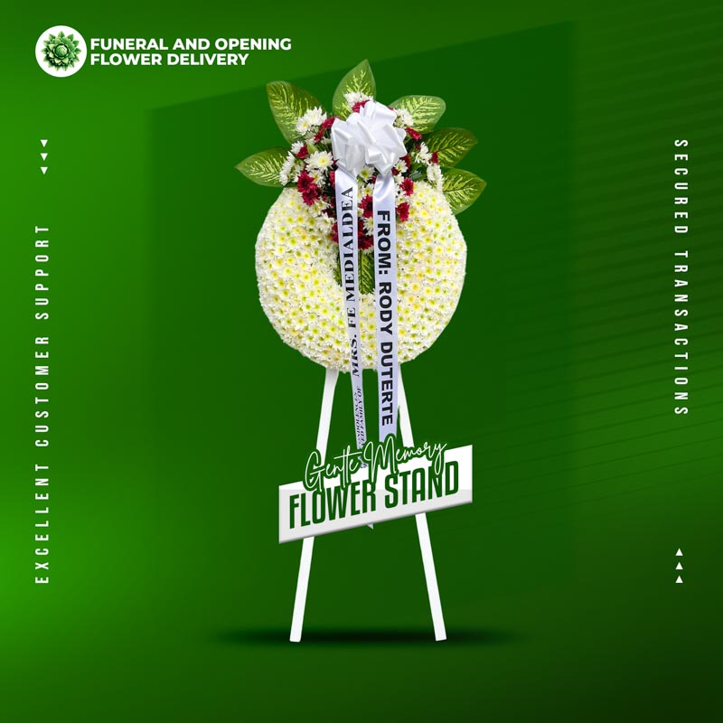 Gentle Memory Funeral Stand with elegant floral arrangement for funeral tribute