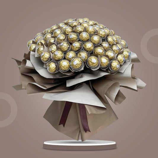 Happy Sweets chocolate bouquet with 100 Ferrero Rocher chocolates in café wrap and brown ribbon