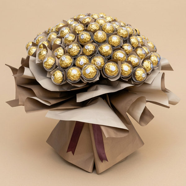 Happy Sweets Chocolate Bouquet with 100 Ferrero Rocher chocolates wrapped in light café Korean-style wrap and brown ribbon, same-day delivery in Metro Manila