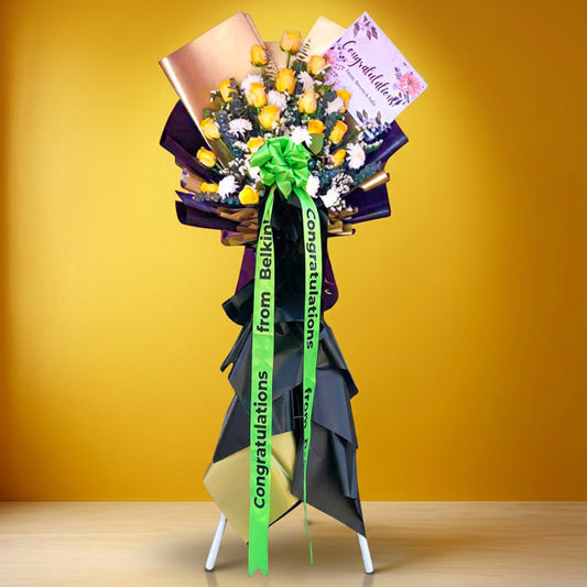 Honest Launch Inaugural Stand with yellow China roses, white chrysanthemums, eucalyptus, and statice for grand openings