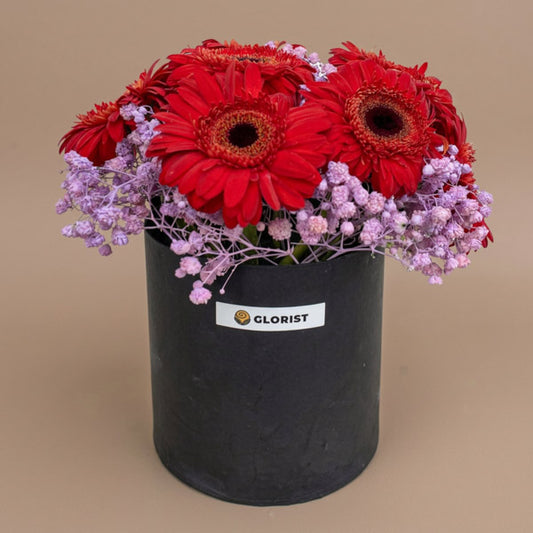 Hopeful Times Flower Box with red gerbera daisies and purple-painted gypsophila baby's breath in a matte gift box, same-day delivery in Metro Manila