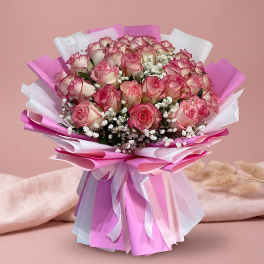 Luxury two-toned imported rose bouquet with gypsophila fillers