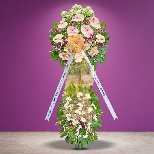 Legacy Memory funeral stand with 12 anthuriums, orchids, Malaysian mums, green line and anahaw leaves