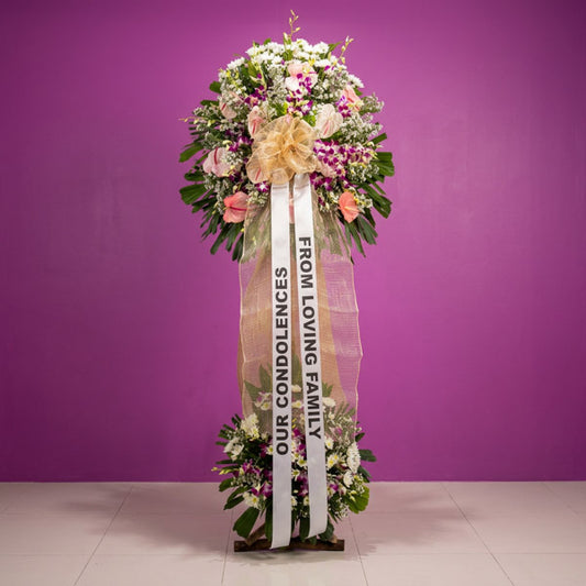 Legacy Memory funeral stand with 12 anthuriums, orchids, Malaysian mums, green line and anahaw leaves