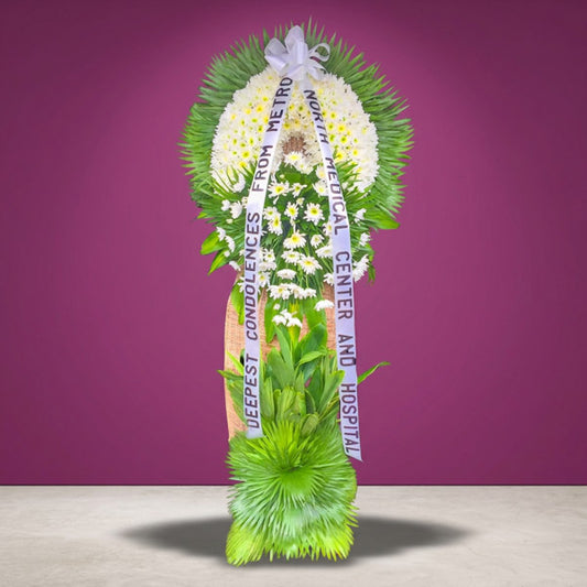 Legendary Memory Funeral Stand with white Malaysian mums, green line and anahaw leaves in elegant wrap for Metro Manila memorial services