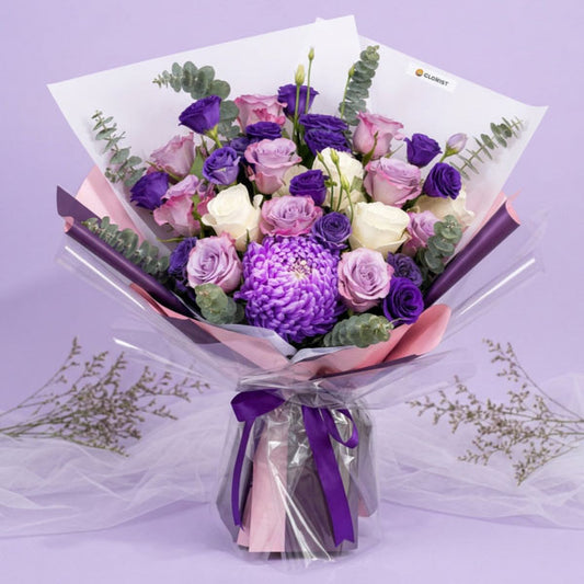 Purple China rose bouquet with violet lisianthus and eucalyptus