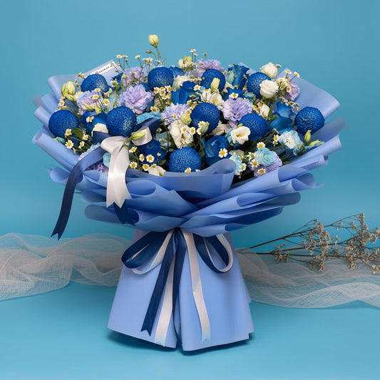 Blue carnation and white lisianthus bouquet with Korean-style wrapping