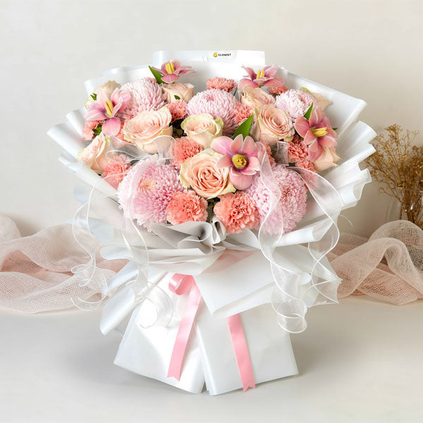 Light pink tulip and carnation bouquet with China roses and gypsophila