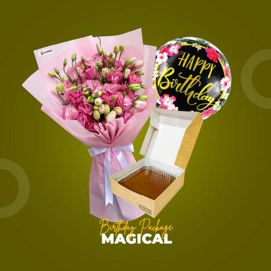 Magical Birthday Package with Lisianthus and paper rose bouquet, chocolate cake, and birthday balloon