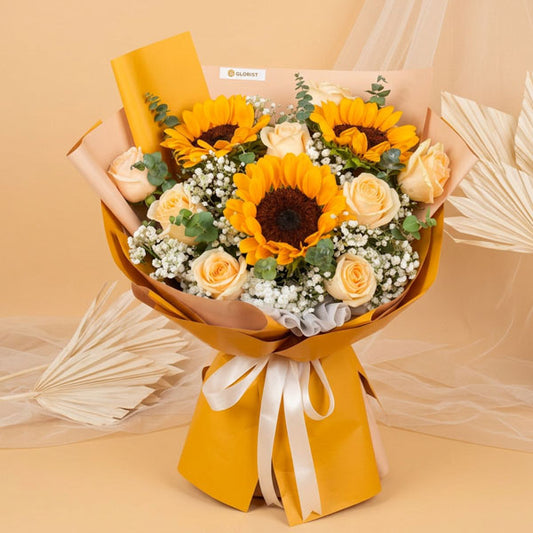 Yellow rose and sunflower bouquet with eucalyptus and gypsophila
