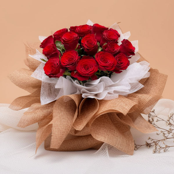 Imported red rose bouquet with Chinese burlap wrapping