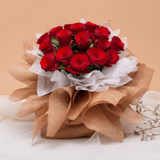 Imported red rose bouquet with Chinese burlap wrapping