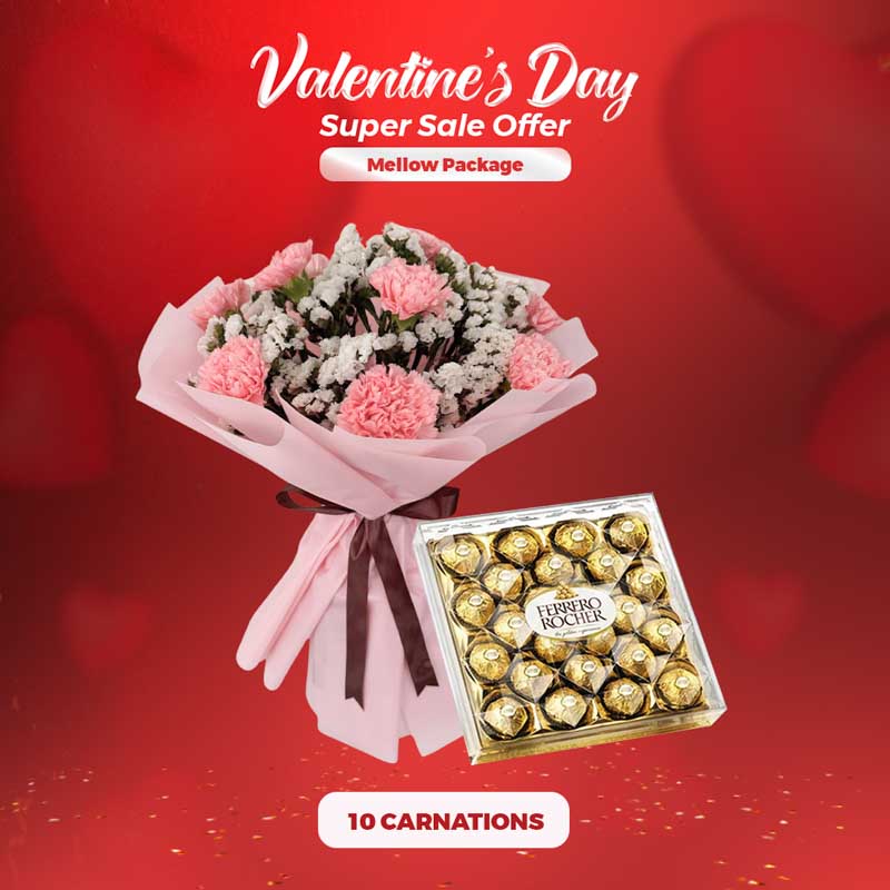 Mellow Package for Valentine’s with light pink carnations and Ferrero Rocher chocolate