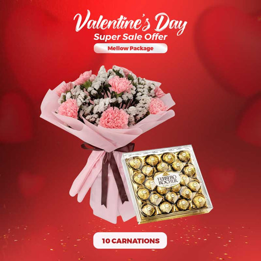 Mellow Package for Valentine’s with light pink carnations and Ferrero Rocher chocolate