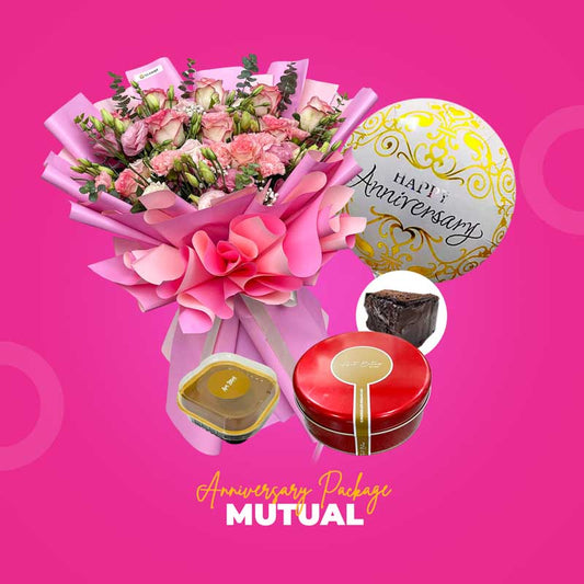 Mutual Anniversary Package with assorted flower bouquet, chocolate cake, mini chocolate cake, and anniversary balloon