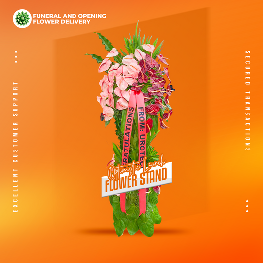 Optimistic Launch Inaugural Stand with pink and red anthurium and anahaw leaves for grand opening celebrations