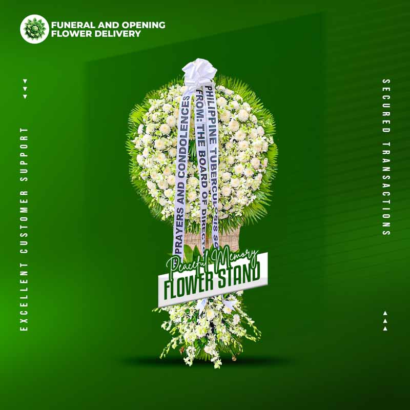 Peaceful Memory Wreath Stand with white chrysanthemums, white orchids, and anahaw leaves