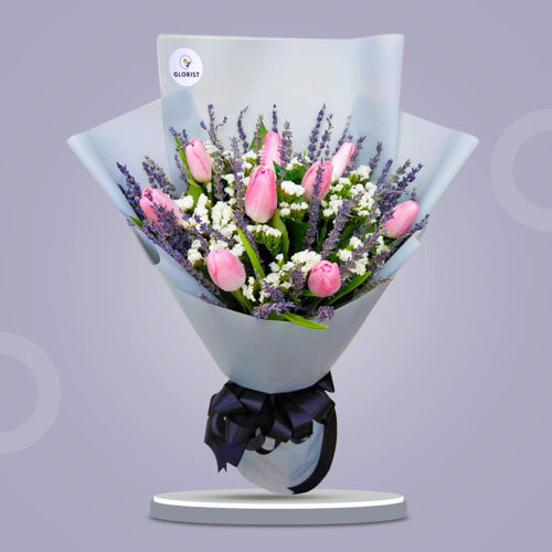 Graceful bouquet: 9 pink tulips with lavender and statice fillers in Korean wrap with satin ribbon - beautiful flower arrangement for special occasions - flower delivery to Tutuban Center and University Belt (Manila)