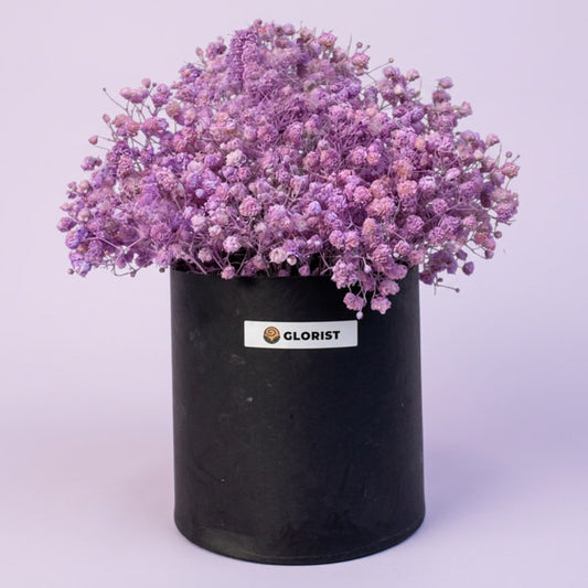 Purple painted gypsophila baby's breath arranged in a premium matte gift box, a whimsical birthday and thank-you gift with same-day Metro Manila delivery