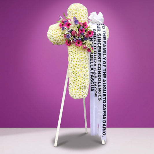 Quiet Memory Funeral Stand with elegant floral arrangement for a peaceful tribute