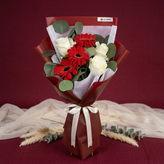 Red gerbera and white rose bouquet with Korean-style wrapping
