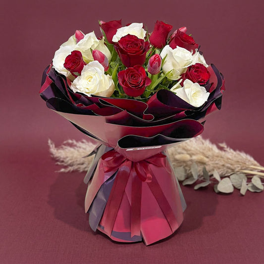 Cherry red tulips with red and white China roses bouquet in maroon Korean wrap