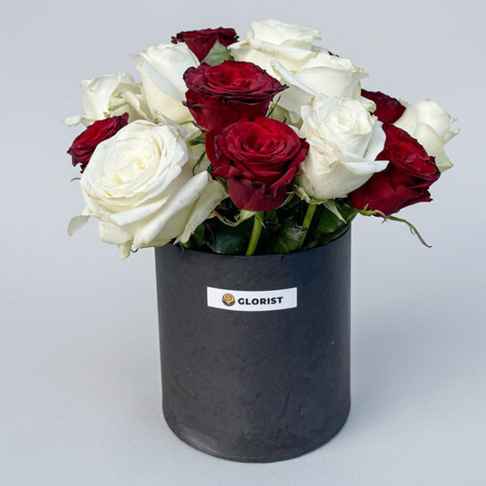 Red and white China roses arranged together in a premium matte gift box, a romantic anniversary and wedding gift with same-day Metro Manila delivery