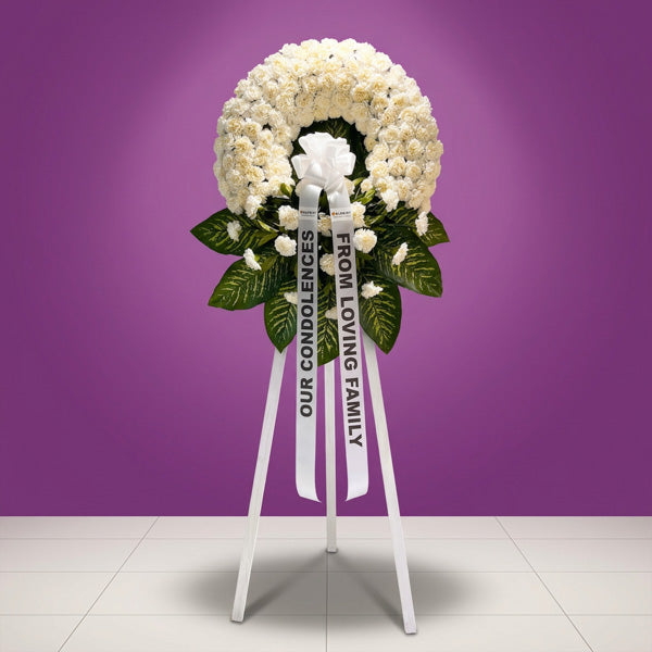 Reverent Memory Funeral Stand with white carnations and bakya leaves for sympathy and condolence flower delivery in Metro Manila