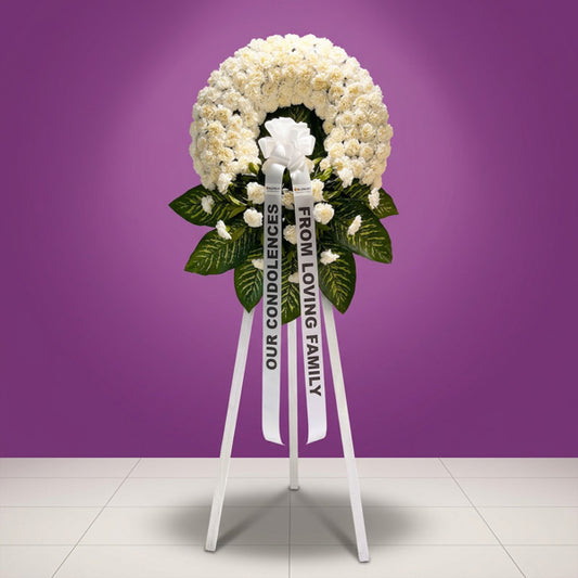 Reverent Memory Funeral Stand with white carnations and bakya leaves for sympathy and condolence flower delivery in Metro Manila
